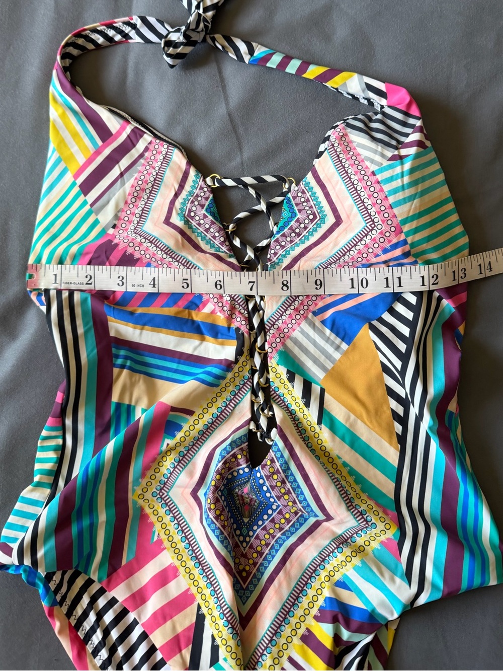 Red Carter Colorful Mediterranean Lace Up Plunge One Piece Swimsuit size Small - Picture 8 of 8